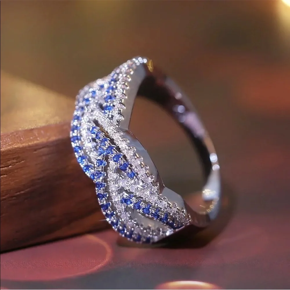 New 925 Silver Multi Layer Women Sapphire Wedding Ring